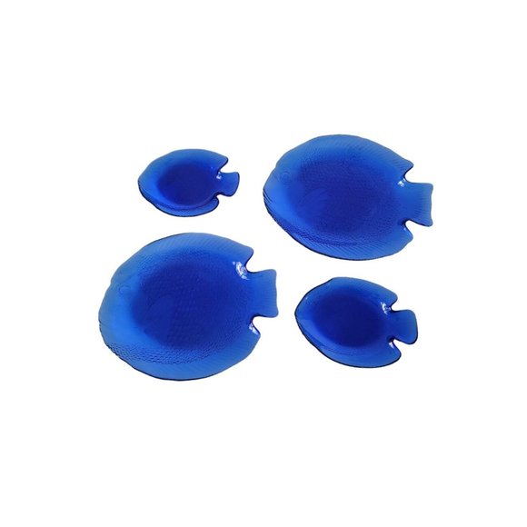 4 Pc Cobalt Blue Fish Plates Glass 2 Snack 2 Large Serving Plates France - Picture 7 of 9